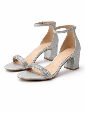 Jewel by Badgley Mischka Silver Ankle Strap Block Heel Shimmer Sandals sz 9